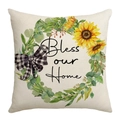 Sunflower throw pillow cover with Bless our Home text and black plaid bow detail - 18x18 Inch / Bless Our Home Sunflower Wreath Style (JYM306-2)