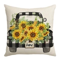 Square beige pillowcase with buffalo plaid truck and sunflower print and home text - 18x18 Inch / Home Sunflower Vintage Truck Style (JYM306-3)