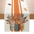 Autumn harvest pumpkin table runner with Hello Fall print on beige linen texture - 33cmx180cm / Vertical Stripe Pumpkin Floral (ZQ10-5)