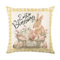Easter Blessings pillow cover with bunny and egg print featuring yellow checkered border - Rabbit Egg Basket with Yellow Gingham (JYM258-1)