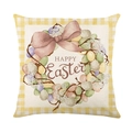 Happy Easter pillow cover with bunny wreath and yellow gingham border on white polyester - Easter Wreath with Bow (JYM258-2)