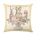 Easter pillow case featuring yellow plaid border and rabbit illustration on beige linen - Wooden Rabbit and Eggs Still Life (JYM258-3)