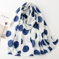 White cotton linen feel scarf with blue polka dots and gold foil stars, frayed edge fringe - White With Blue Dots (SL2405-017 Blue)