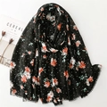 Long black scarf with orange daisy floral print and polka dots with fringed edges - Standard Large / Black (SL2405-014 Black)