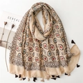 Floral paisley shawl with tassels in beige cotton-linen blend on a white surface - Khaki (SL2405-019)
