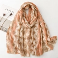 Linen feel scarf with gold geometric patterns and frayed edges in warm autumn tones - 180x88 / Khaki