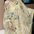 Floral chiffon shawl wrap with yellow flower pattern and elegant shoulder tie details - Yellow & Green Small Floral