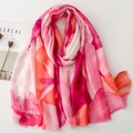 Pink and orange geometric cotton-linen scarf with abstract floral print and frayed edges - Pink