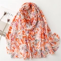 Écharpe en coton et lin à fleurs orange avec bordures effilées sur fond blanc épuré - 180x88cm / Rose Orangé