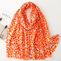 Lightweight cotton-linen scarf with red watercolor heart prints and delicate fringe edges - Orange