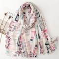 Lightweight cotton-linen blend scarf with geometric patterns and fringe edges - 180x88cm / White