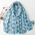 Blue geometric pattern cotton linen scarf with gold foil accents and frayed edges - 180x88 / Blue