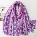 Detail of geometric purple scarf with gold foil accents and delicate frayed edges - 180x88 / Purple