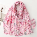 Lightweight pink floral cotton linen scarf with frayed edges and delicate flower print - 180x88cm / Pink