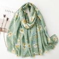 Light green cotton linen feel scarf with daisy floral print and gold foil dots fringe - Standard Large / Green (SL2405-014 Green)