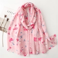 Pink linen-feel scarf with golden floral print and frayed edges on a white background - Standard Large / Pink (SL2405-014 Pink)