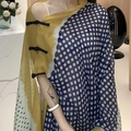 Yellow and navy blue polka dot shawl top with traditional Chinese frog button details - Heartbeat Polka Dots