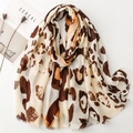 Cotton linen leopard print scarf with frayed edges in beige and brown tones - Coffee Leopard (SL2407-003)
