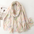 Multi-colored striped cotton linen scarf with soft pastel tie-dye and fringe edges - Beige (SL2407-006)