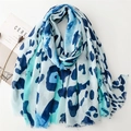 Blue leopard print cotton linen scarf for women with watercolor tie-dye and fringed edges - Blue Leopard (SL2407-003)