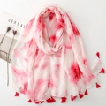 Ink painting gradient scarf with red tassels and lightweight cotton linen shawl style - One Size / Red
