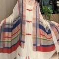 Ethnic style shawl with Chinese frog buttons and colorful geometric patterns with tassels - Rainbow Striped