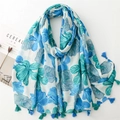 French style floral cotton linen scarf with blue flower print and tassel edges - 180cmx88cm / Blue