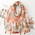 Linen-touch floral scarf with orange flower prints and fringe tassels on white background - 180cmx88cm / Khaki