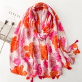 Floral cotton linen scarf with bright pink flowers and elegant tassels for women - 180cmx88cm / Rose Pink