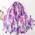Detail of floral linen-feel scarf with purple tassels and artistic flower print - 180cmx88cm / Purple