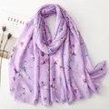 Purple cotton linen scarf with white floral print and frayed edges for women - Standard Large / Purple (SL2405-014 Purple)