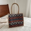 Chic jute tote bag featuring orange and black geometric tribal patterns with rope handles - Black and Orange Ethnic Geometric (Style 5)