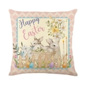 Easter rabbit pillow cover with Happy Easter lettering and colorful eggs print - Two Rabbits and Fence with Pink Wave Border (JYM263-1)