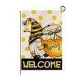 Garden flag with bee gnome and honey jar design featuring Welcome text on beige linen - Bee Gnome Honey Pot Welcome Style (HYQ040-3)