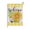 Garden gnome decorative flag with sunflower, welcome text and black metal hanger stand - Sunflower Gnome Yellow Checks Welcome Style (HYQ040-9)