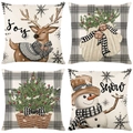 Set of 4 Christmas pillow covers with reindeer, snowman, and tree on plaid background - 45*45cm (Insert Not Included) / Reindeer and Snowman Illustration Series (JYM347 Serie)