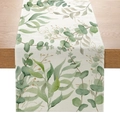 Chemin de table en polyester avec motif eucalyptus sur une table en bois massif - Eucalyptus et Feuilles Botaniques (ZQ11-1) / 33cmx180cm
