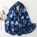 Dark blue linen-feel scarf with white polka dots and daisy floral print and frayed edges - Standard Large / Blue (SL2405-014 Blue)
