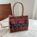 Ethnic style geometric tote bag in orange and black with woven rope handles - Retro Ethnic Print (Style 6)