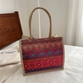 Bohemian linen tote bag with red elephant patterns and ethnic geometric prints - Red Elephant Ethnic Style (Style 8)