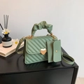 Sage green quilted crossbody bag with heart lock and decorative ruched handle design - Bean Green