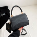 Chic black crocodile embossed handbag with woven handle and matching mini pouch bag - Black