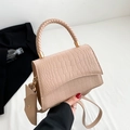 Beige faux leather handbag with crocodile pattern, woven ring handle and mini purse - Khaki