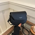 Minimalist black semi-circular saddle bag with fashion trend text print and shoulder strap - Black