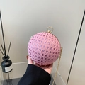 Pink rhinestone sphere evening clutch with gold ring handle and metal chain strap - Pink