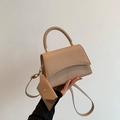 Beige crocodile embossed square bag with woven handle and small envelope charm - Khaki