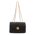 Classic black wave quilted crossbody bag with gold chain strap and circular metal buckle - Black