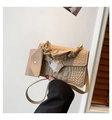 Detail of beige pleated handle shoulder bag with golden buckle and textured pebble finish - Khaki
