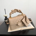 Beige crocodile embossed handbag with cloud handle, crossbody strap and coin purse - Khaki