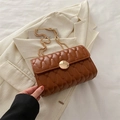 Quilted dark brown chain crossbody bag with golden round buckle for women - Brown